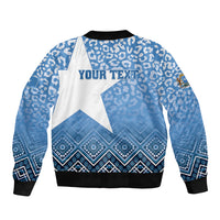 Unisex blue bomber jacket with star and leopard pattern, 'YOUR TEXT' graphic