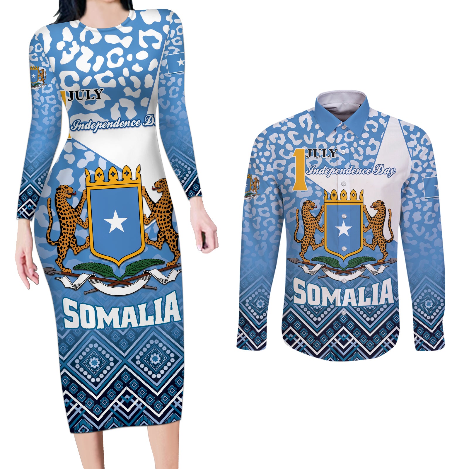 Personalized Somalia Independence Day 2024 Couples Matching Long Sleeve Bodycon Dress and Long Sleeve Button Shirt Somali Star Leopard Mix African Pattern - Wonder Print Shop