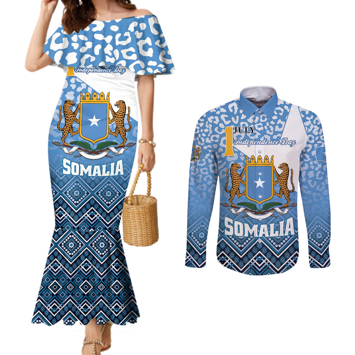 Personalized Somalia Independence Day 2024 Couples Matching Mermaid Dress and Long Sleeve Button Shirt Somali Star Leopard Mix African Pattern