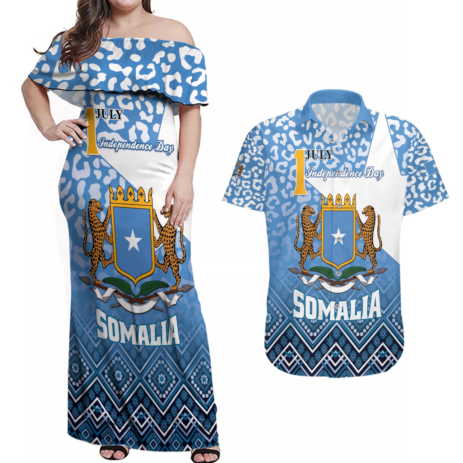 Personalized Somalia Independence Day 2024 Couples Matching Off Shoulder Maxi Dress and Hawaiian Shirt Somali Star Leopard Mix African Pattern - Wonder Print Shop