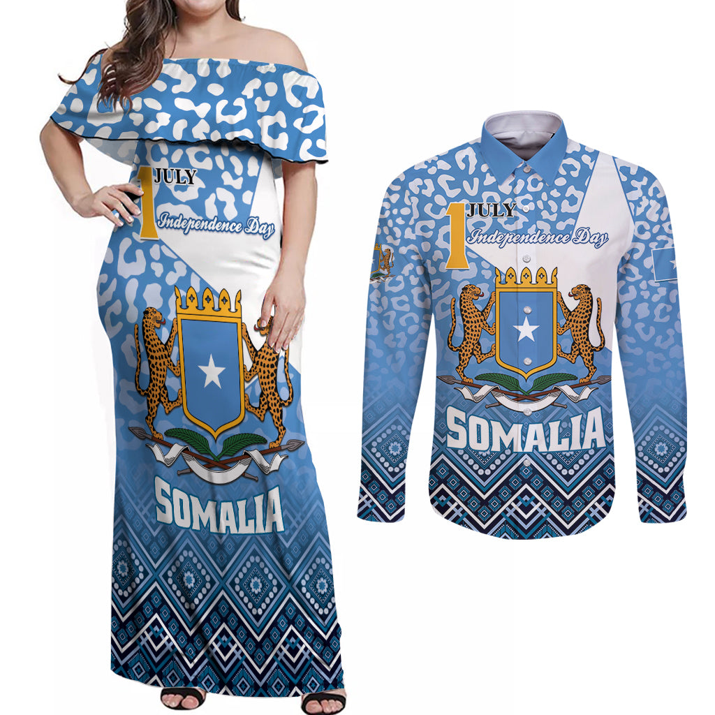 Personalized Somalia Independence Day 2024 Couples Matching Off Shoulder Maxi Dress and Long Sleeve Button Shirt Somali Star Leopard Mix African Pattern - Wonder Print Shop