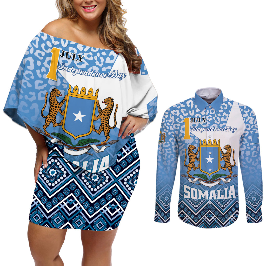 Personalized Somalia Independence Day 2024 Couples Matching Off Shoulder Short Dress and Long Sleeve Button Shirt Somali Star Leopard Mix African Pattern - Wonder Print Shop