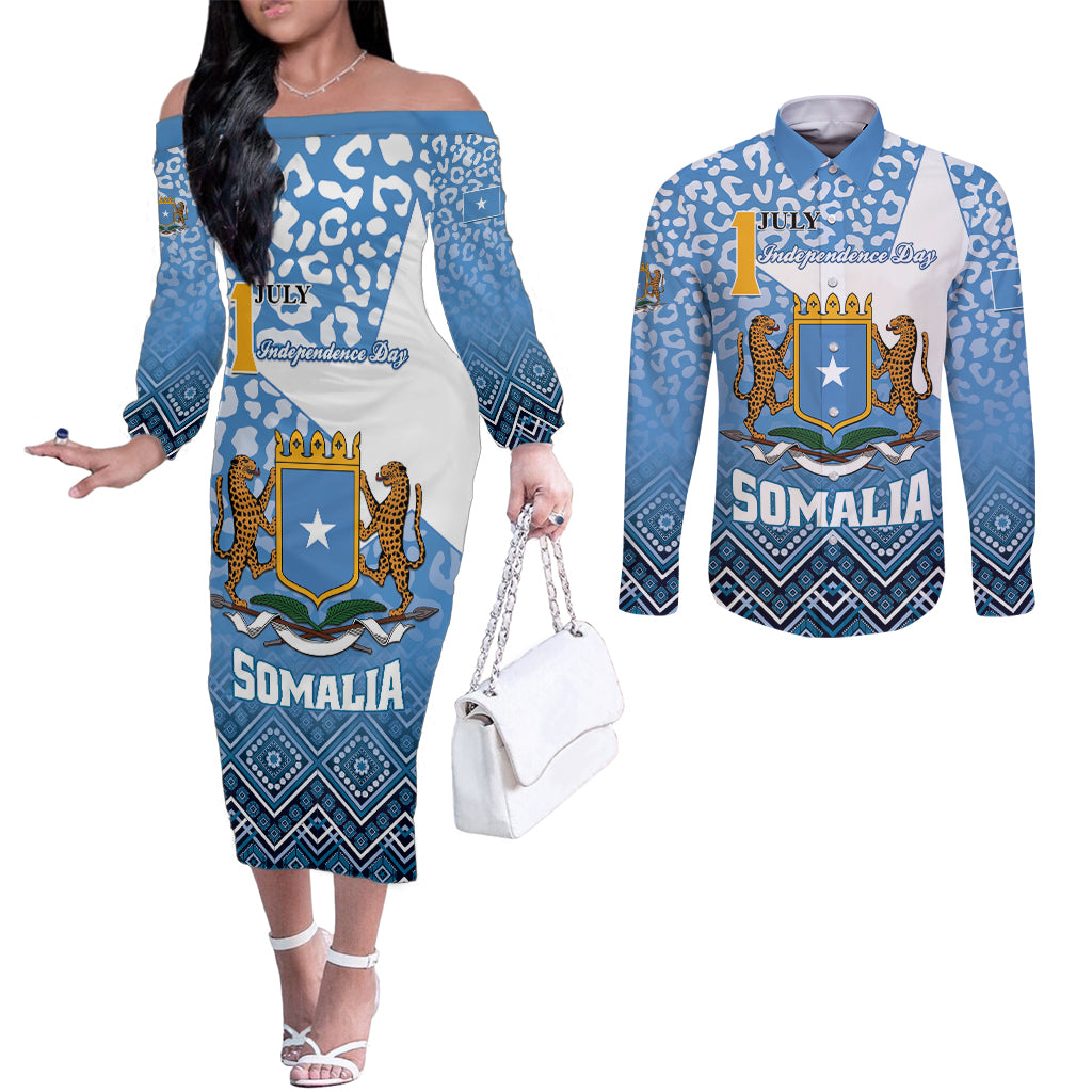 Personalized Somalia Independence Day 2024 Couples Matching Off The Shoulder Long Sleeve Dress and Long Sleeve Button Shirt Somali Star Leopard Mix African Pattern