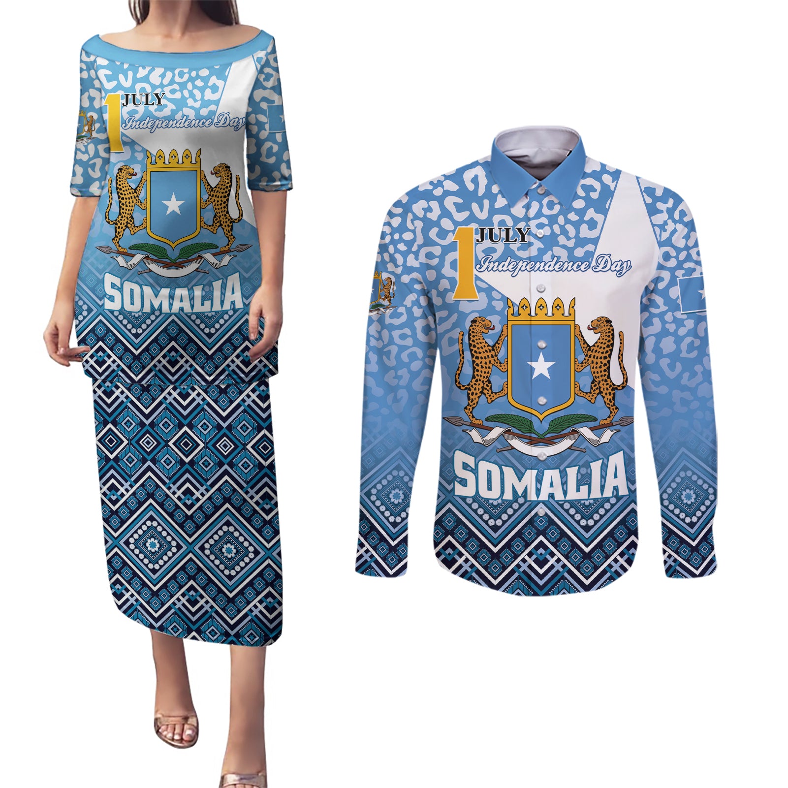 Personalized Somalia Independence Day 2024 Couples Matching Puletasi and Long Sleeve Button Shirt Somali Star Leopard Mix African Pattern - Wonder Print Shop