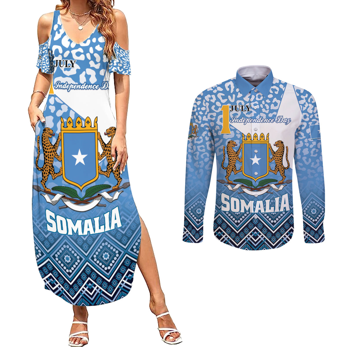 Personalized Somalia Independence Day 2024 Couples Matching Summer Maxi Dress and Long Sleeve Button Shirt Somali Star Leopard Mix African Pattern - Wonder Print Shop