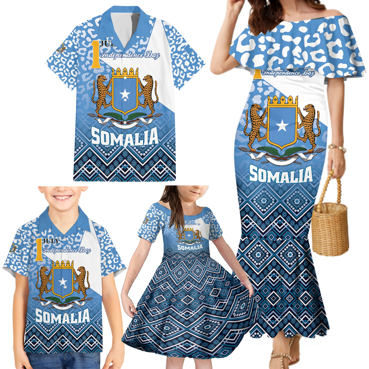 Personalized Somalia Independence Day 2024 Family Matching Mermaid Dress and Hawaiian Shirt Somali Star Leopard Mix African Pattern - Wonder Print Shop