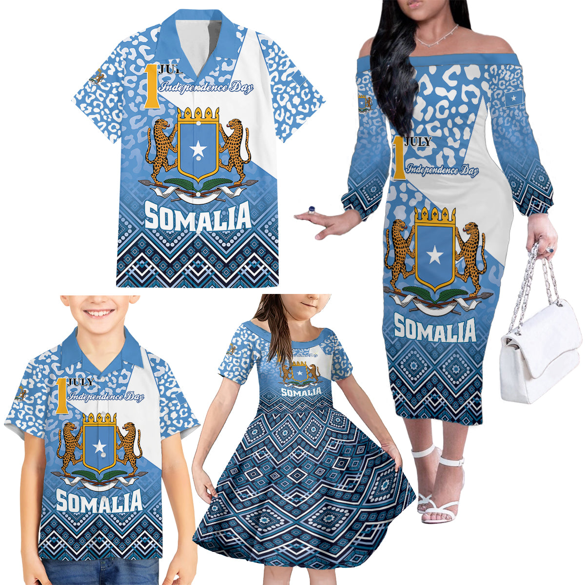 Personalized Somalia Independence Day 2024 Family Matching Off The Shoulder Long Sleeve Dress and Hawaiian Shirt Somali Star Leopard Mix African Pattern - Wonder Print Shop