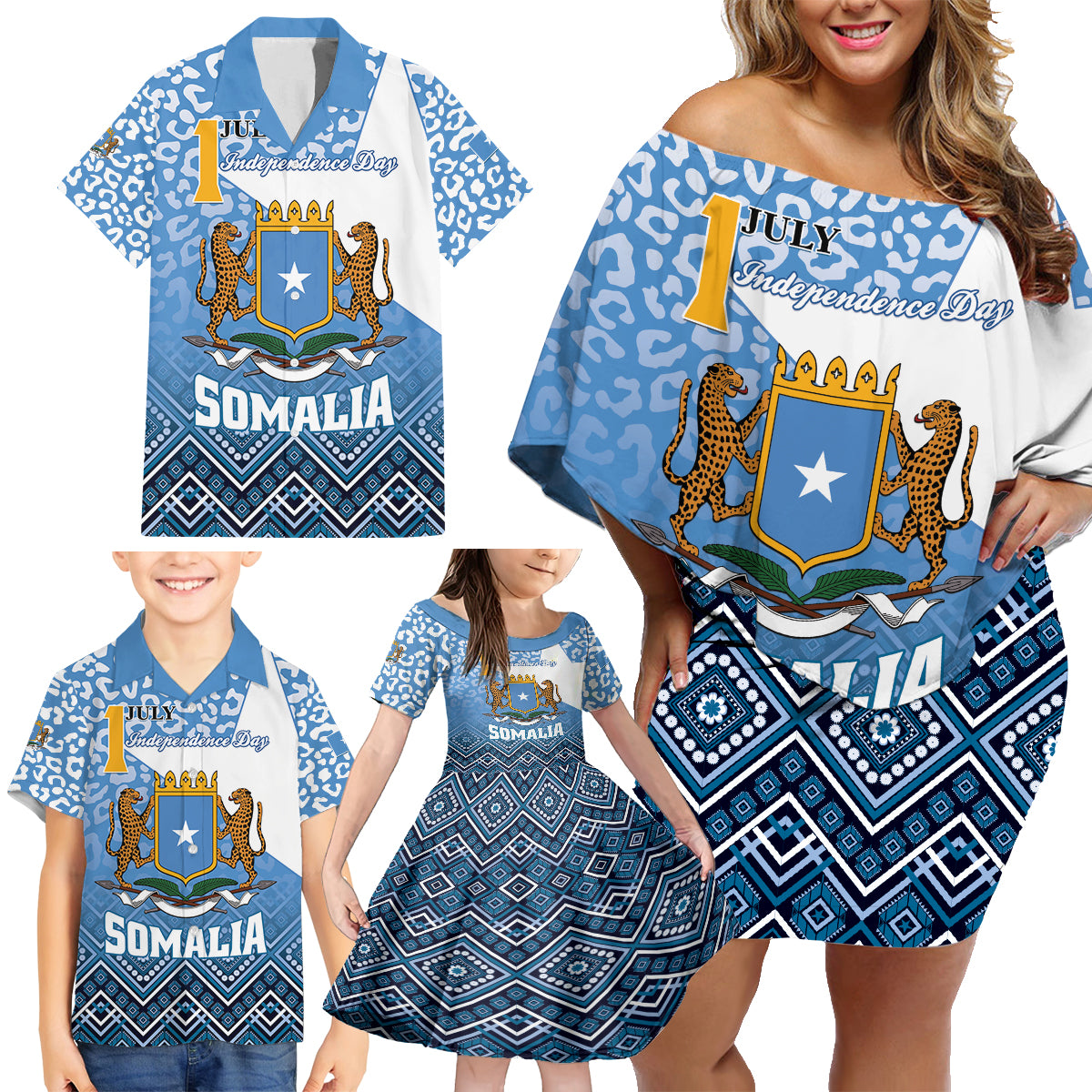 Personalized Somalia Independence Day 2024 Family Matching Off Shoulder Short Dress and Hawaiian Shirt Somali Star Leopard Mix African Pattern - Wonder Print Shop