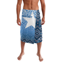 Blue patterned lavalava shorts with geometric diamond bands, elastic waistband
