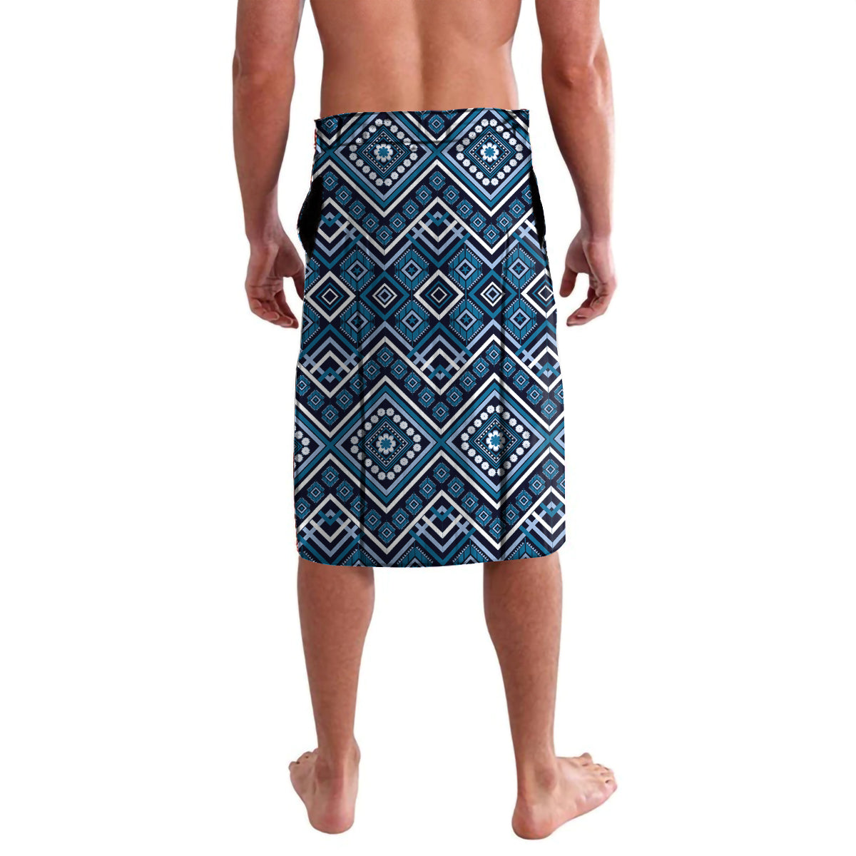 Blue geometric lavalava shorts, diamond lattice and medallion motifs