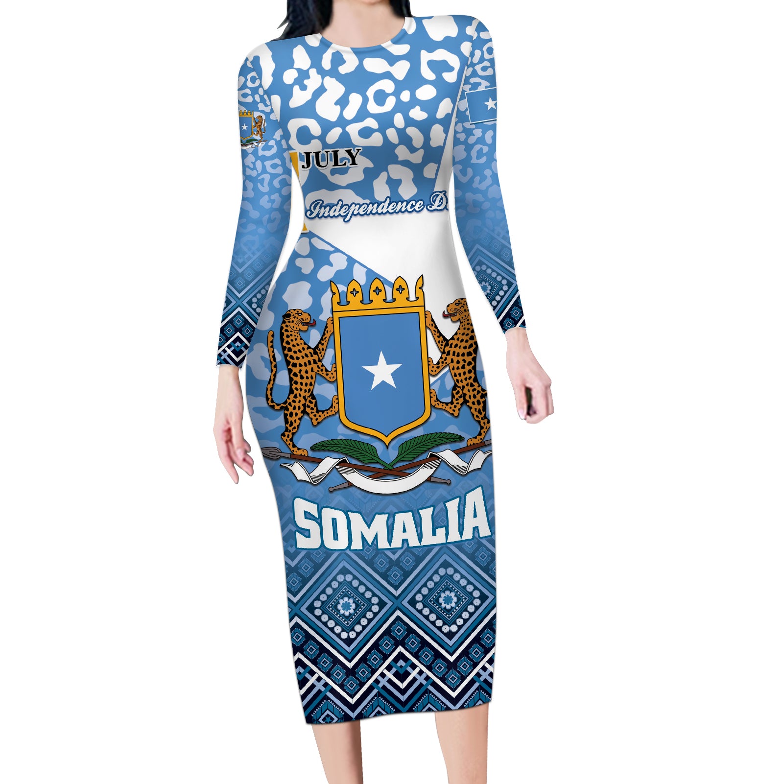 Personalized Somalia Independence Day 2024 Long Sleeve Bodycon Dress Somali Star Leopard Mix African Pattern - Wonder Print Shop