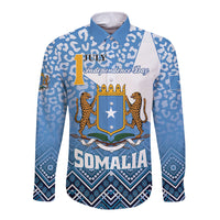Blue long-sleeve button shirt with Somalia crest and 'JULY Independence Day' text
