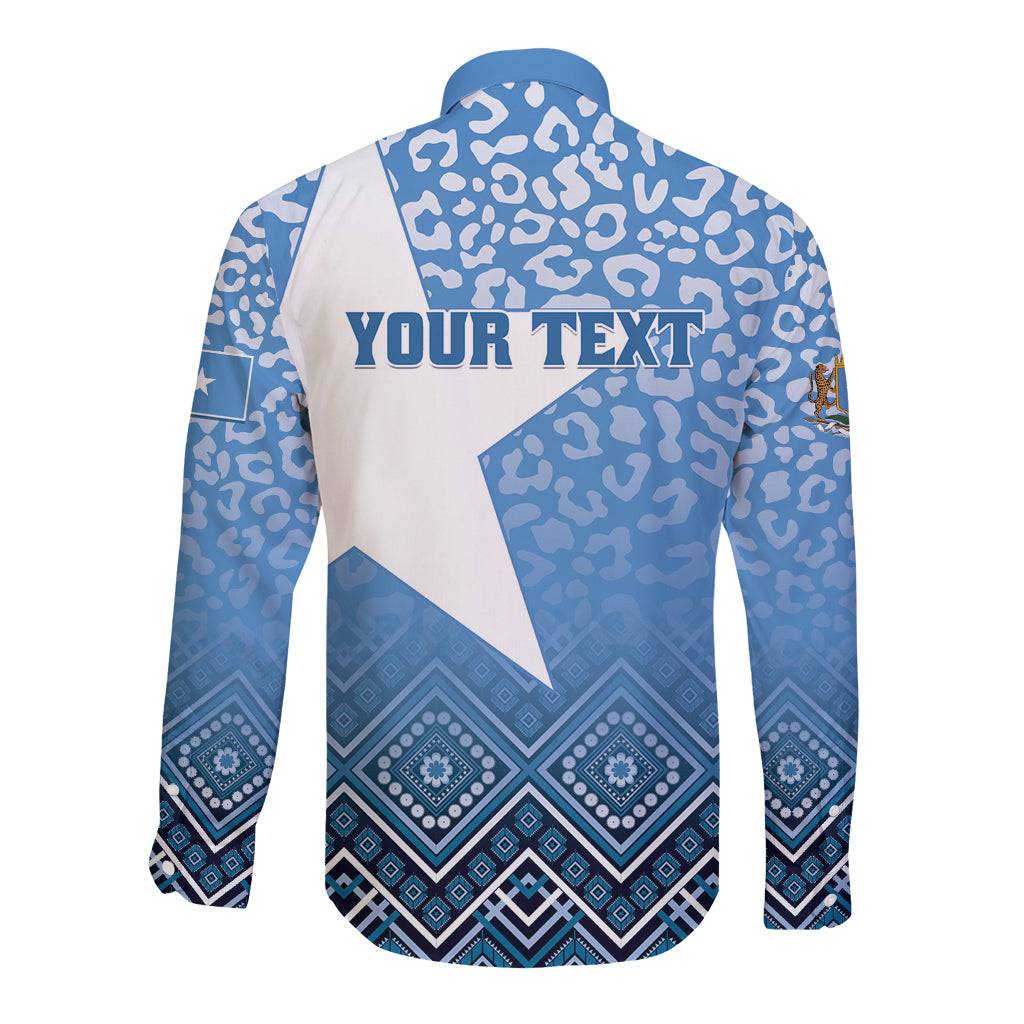 Blue long-sleeve button shirt, leopard print, star graphic, 'YOUR TEXT' on back