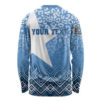 Unisex long sleeve shirt back with YOUR TEXT and blue geometric star banner