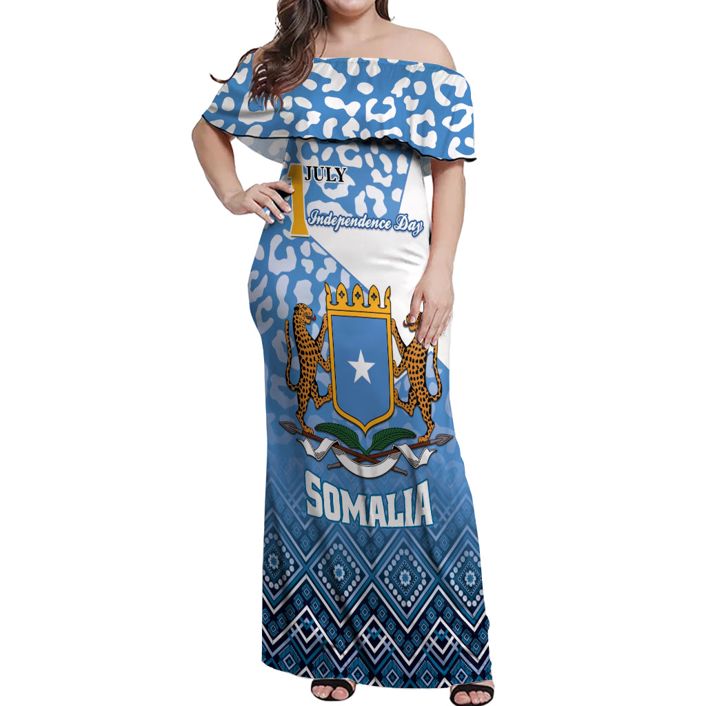 Personalized Somalia Independence Day 2024 Off Shoulder Maxi Dress Somali Star Leopard Mix African Pattern - Wonder Print Shop