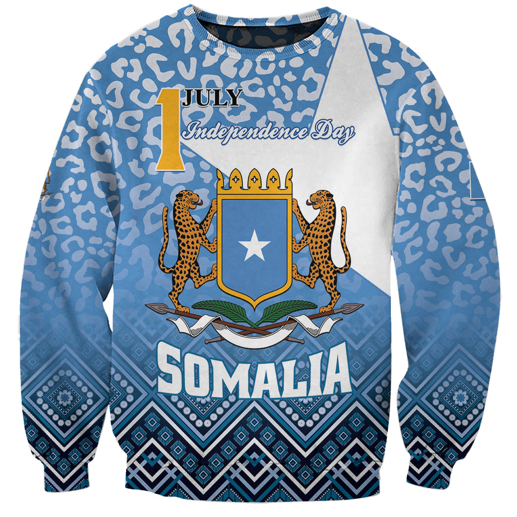 Unisex blue sweatshirt with Independence Day July graphic, Somalia text, star and leopard figures