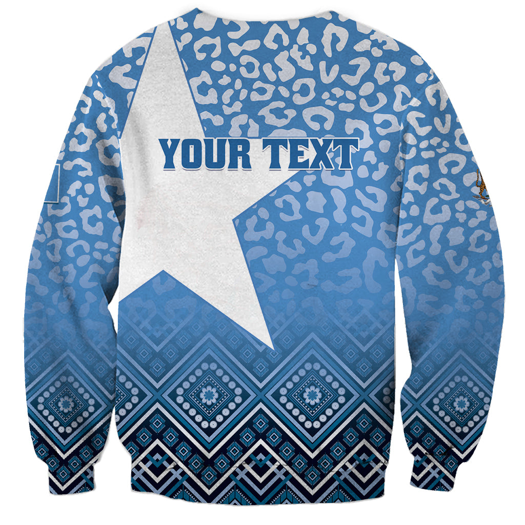 Unisex blue and white sweatshirt with star graphic and Your Text across chest