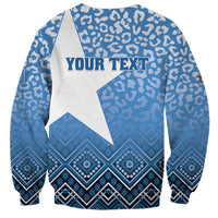 Unisex blue and white sweatshirt with star graphic and Your Text across chest