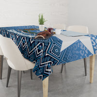 Blue African patterned tablecloth with geometric zigzag and border design