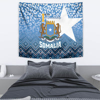 Blue Somalia wall tapestry featuring independence date text, crest, star, and SOMALIA