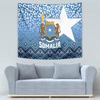 Blue Somalia tapestry with Somali crest, star, leopard pattern, and SOMALIA lettering