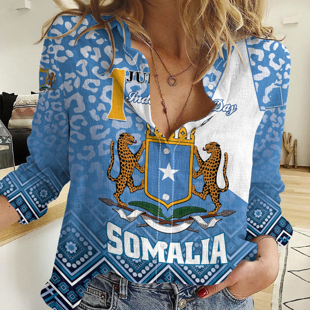 Personalized Somalia Independence Day 2024 Women Casual Shirt Somali Star Leopard Mix African Pattern