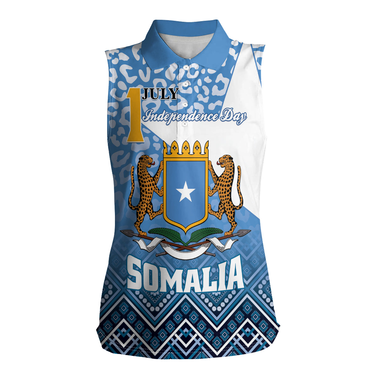 Personalized Somalia Independence Day 2024 Women Sleeveless Polo Shirt Somali Star Leopard Mix African Pattern