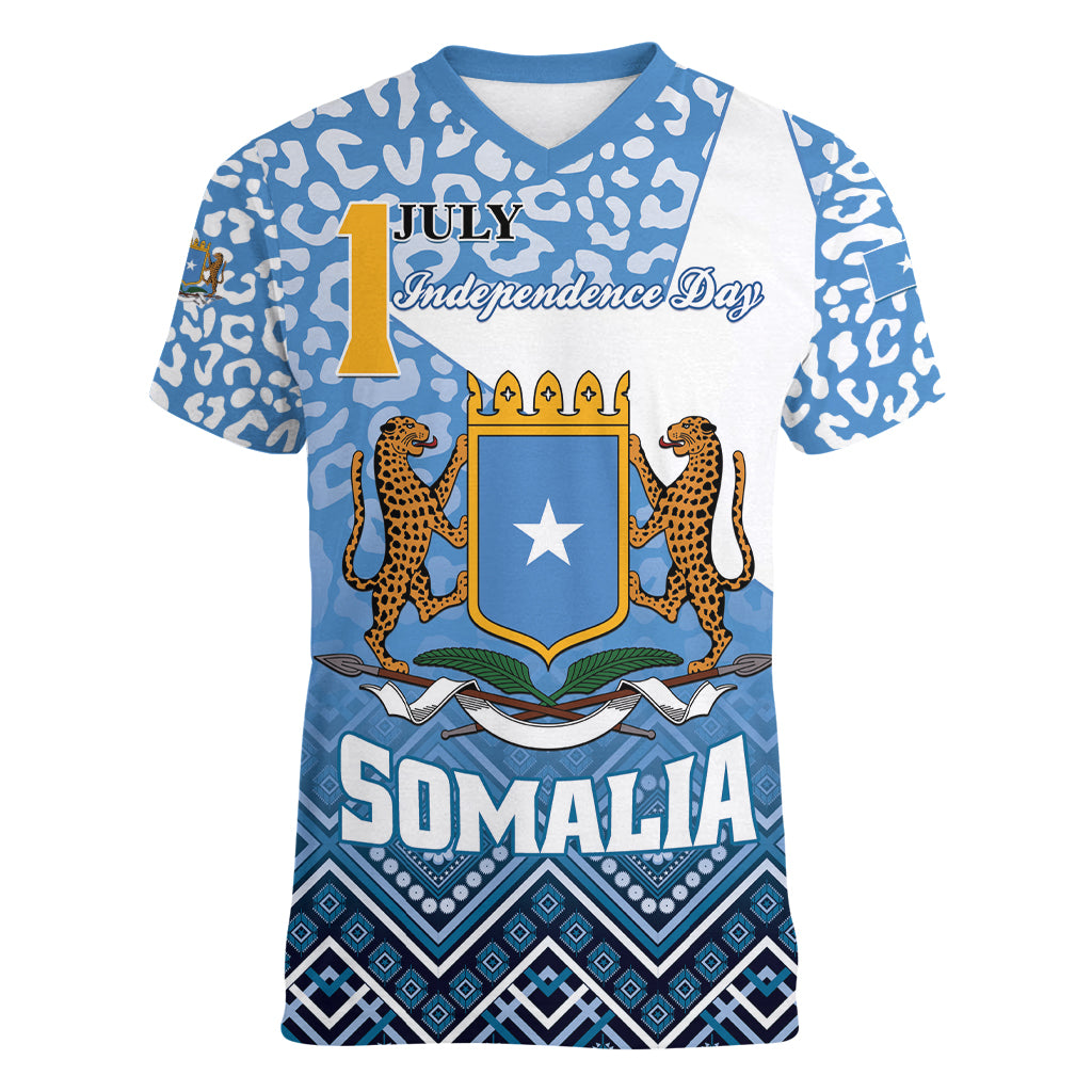 Personalized Somalia Independence Day 2024 Women V-Neck T-Shirt Somali Star Leopard Mix African Pattern