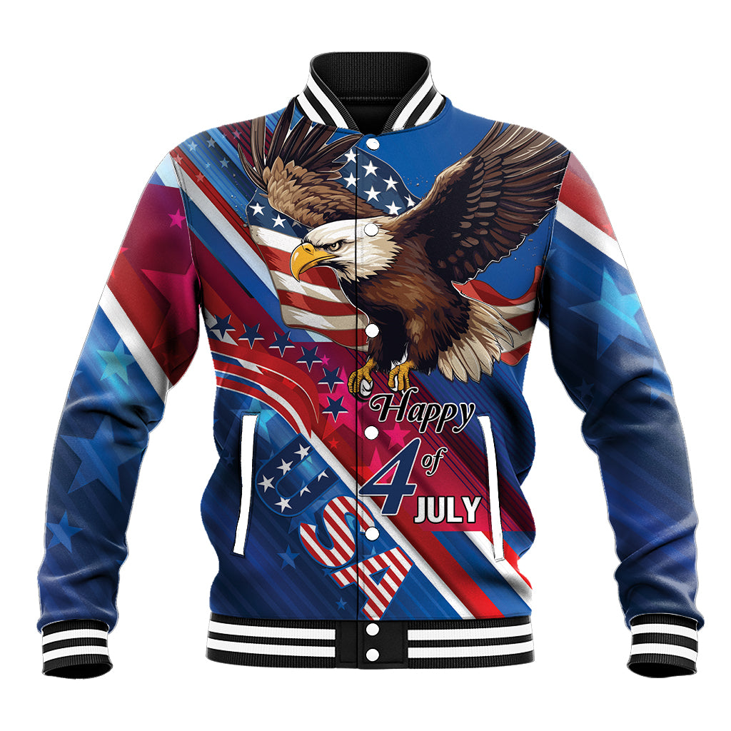 Blue varsity baseball jacket with eagle front print, 'Happy 4th July' text, ribbed collar