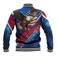 Blue varsity baseball jacket with eagle back graphic, stars-and-stripes, ribbed hem