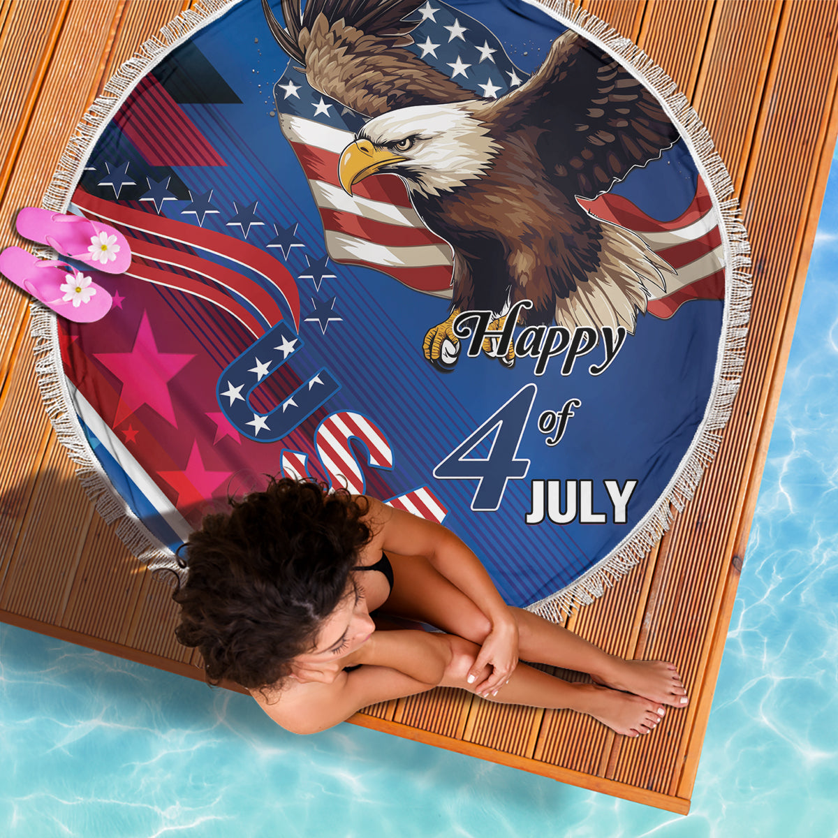 Round blue Independence Day beach blanket with eagle, stars, and Happy 4th of July text, fringe