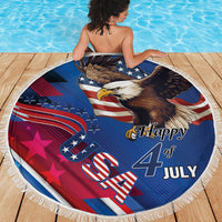 Round blue beach blanket with eagle and Happy 4th of July design, star stripes, fringed edge