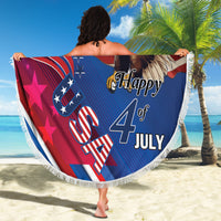 Round blue beach blanket with eagle and Happy 4th of July text, star and stripe graphics, fringe