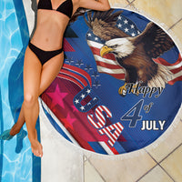 Round blue beach blanket with eagle face and Happy 4th of July lettering, fringed border