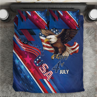 Blue patriotic eagle bedding set with two pillows and stars, “Happy 4 July” print