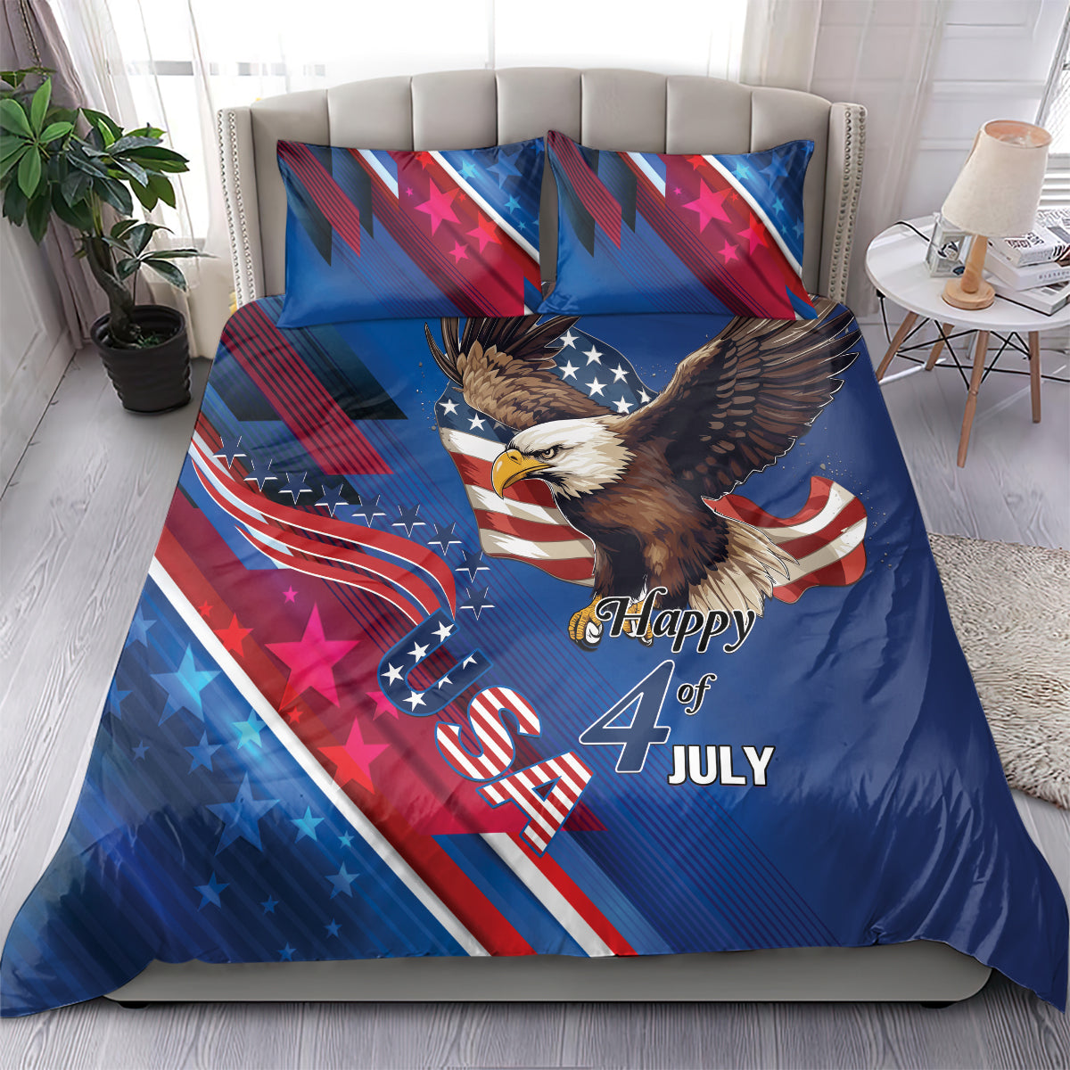 Blue eagle and flag bedding set with two matching pillowcases, “Happy 4 July” text