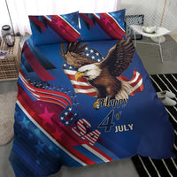 Blue patriotic eagle comforter with two pillowcases, stars and “Happy 4 July” lettering