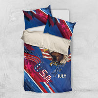 Blue patriotic bedding set with eagle design, “Happy 4 July” print and two pillowcases