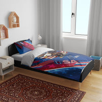 Blue eagle and flag duvet bedding set with two pillowcases, “Happy 4 July” print