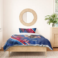 Blue patriotic eagle bedding set with two pillowcases, stars and “Happy 4 July” text
