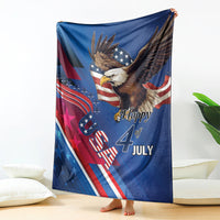 Draped blue eagle throw blanket with “Happy 4th July” lettering and stars-and-stripes art
