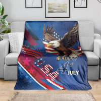 Blue eagle throw blanket with “Happy 4th July” graphic, stars and stripes motif
