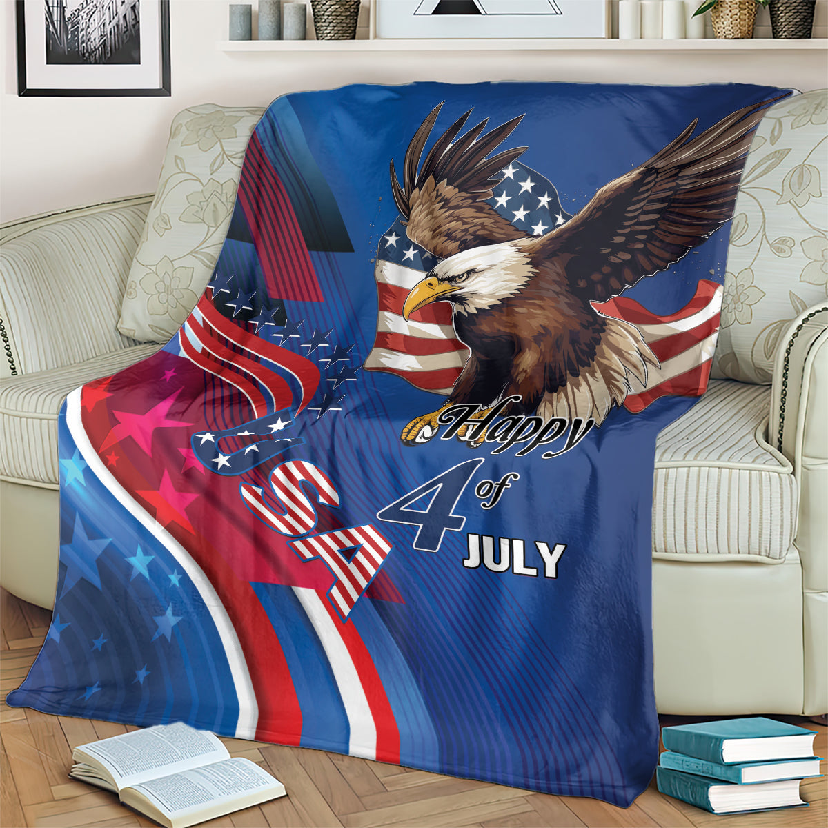 Blue eagle throw blanket with “Happy 4th July” text and stars-and-stripes design