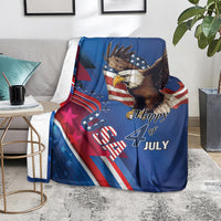 Blue patriotic eagle throw blanket with “Happy 4th July” print and red star pattern