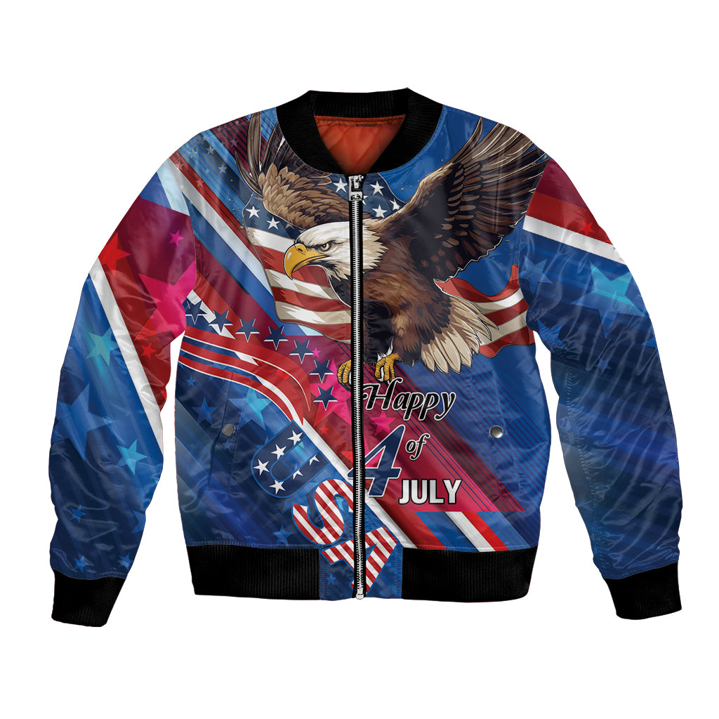 Unisex blue bomber jacket with eagle, American flag, and "Happy 4th of July" text