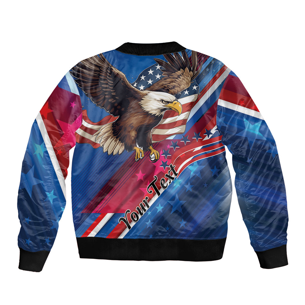 Unisex blue bomber jacket with eagle and American flag graphics, ribbed cuffs