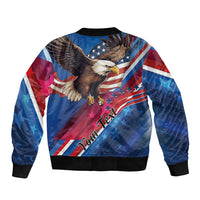 Unisex blue bomber jacket with eagle and American flag graphics, ribbed cuffs