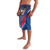 Blue eagle American flag lavalava skirt with draped waist and wrap hem, side view