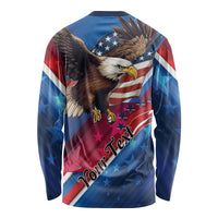 Unisex long sleeve shirt, blue with eagle and USA flag graphic, curved custom text