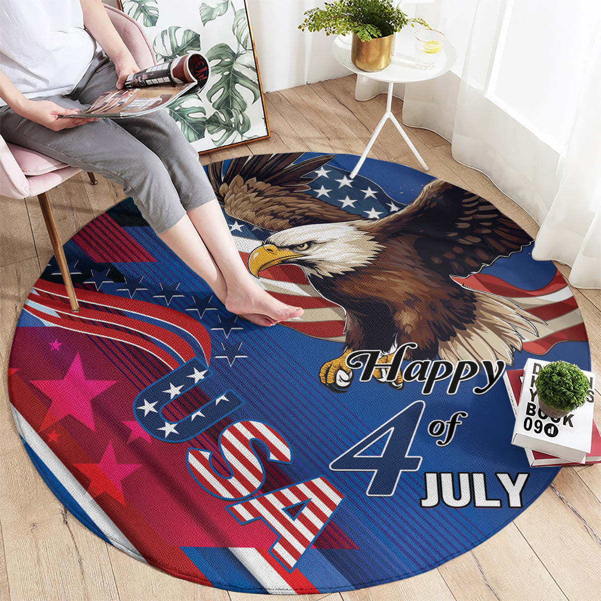 Round patriotic rug with bald eagle, stars, and 'Happy 4th of July' wording